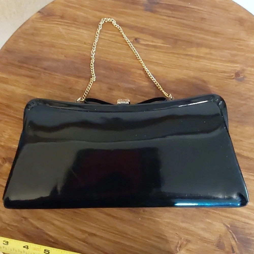 Vintage Black VINYL RETRO Bow Clutch evening bag Gold strap Sleek elegant